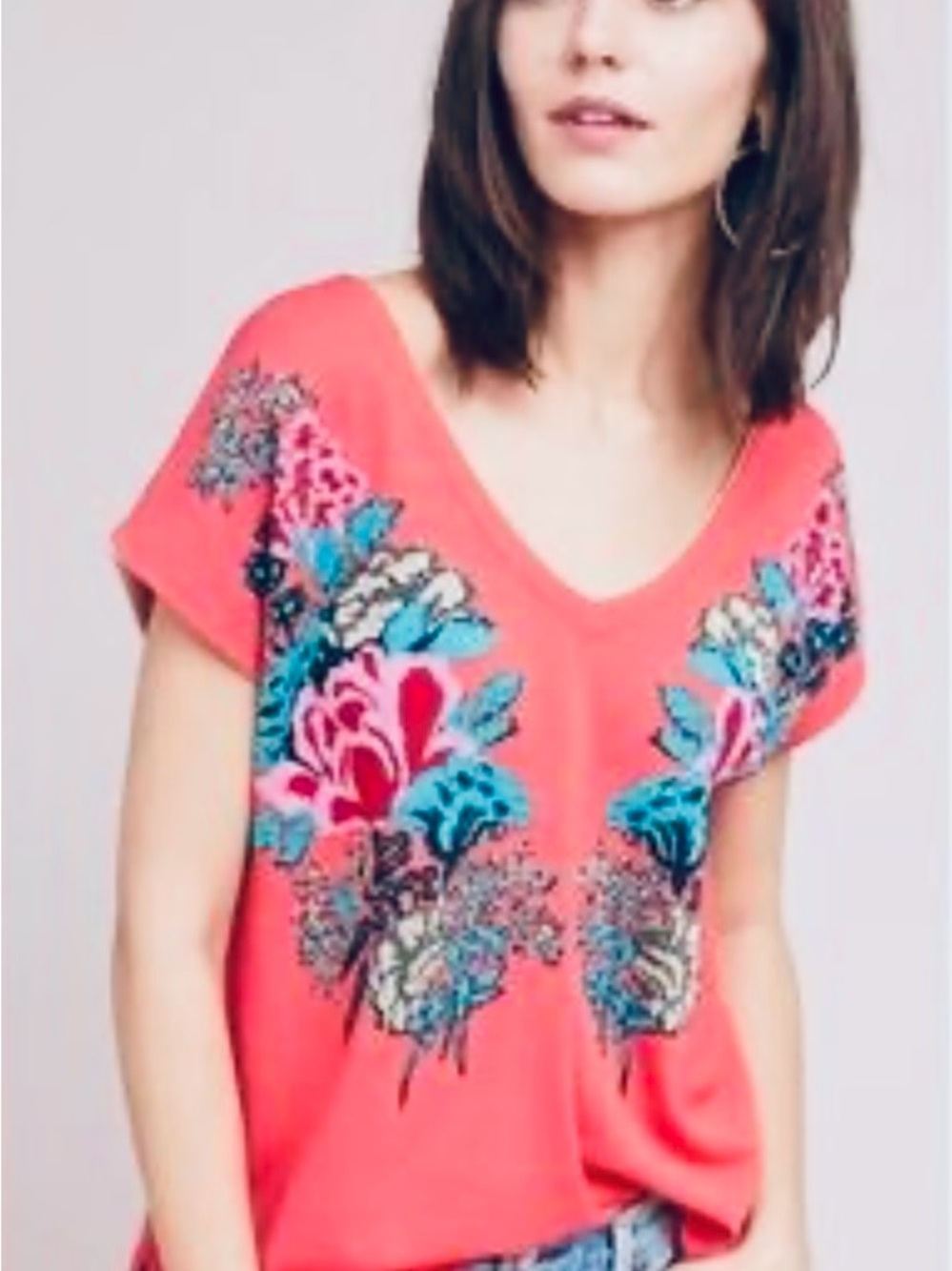 Aldo Martins Coral V-Neck Short Sleeve Top with Blue & Pink Floral Accents
